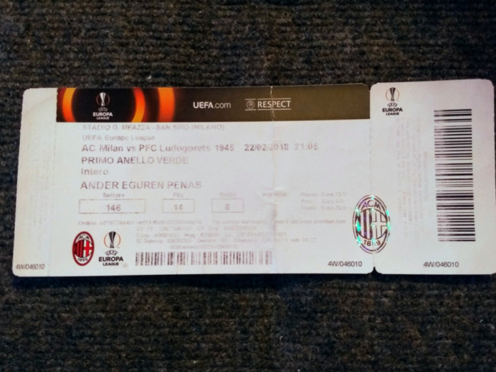 Bilet meci fotbal AC MILAN - LUDOGORETS (Europa League 22.02.2018)