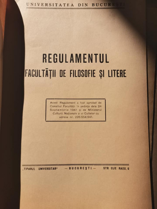 1941 Regulamentul facultatii de filosofie si Litere, Universitatea din Bucuresti