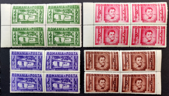 ROMANIA 1937 - Centenarul nasterii lui Ion Creanga LP 118 - blocuri de 4 MNH