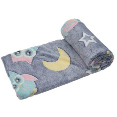 Patura Fosforescenta, cu Bufnite, Flanel, 130 x 150 cm, desenele de pe patura absorb lumina si apoi o emana in timpul noptii