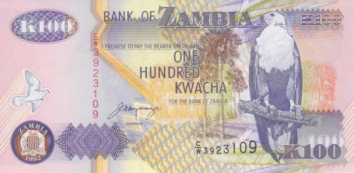 Bancnota Zambia 100 Kwacha 1992 - P38b UNC