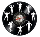 Ceas de perete decorativ, Culturism / Bodybuilding No Pain No Gain, realizat din disc de vinil (Vinyl Record), 30 cm, mecanism silențios, negru