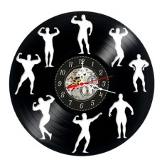 Ceas de perete decorativ, Culturism / Bodybuilding No Pain No Gain, realizat din disc de vinil (Vinyl Record), 30 cm, mecanism silențios, negru