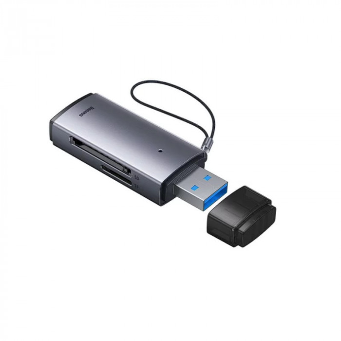 CARD READER extern Baseus Lite interfata USB 3.0 citeste/scrie: SD microSD viteza pana la 480Mbps suporta carduri maxim 512 GB metalic gri &amp;quot;WKQX0