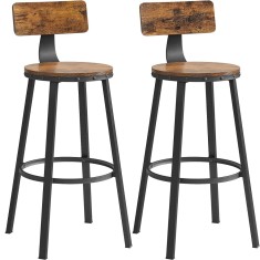VASAGLE Set de 2 scaune de bar inalte cu spatar, cadru din otel, industrial, 54x99cm, maro rustic Household NewTrend