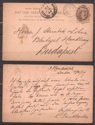 Great Britain 1887 Clear Postcard GB ALDGATE to Budapest, Hungary D.039 foto