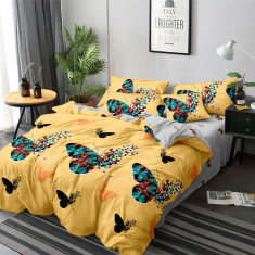 Lenjerie de pat pentru o persoana cu husa elastic pat si 2 fete perna dreptunghiulara, Tahir, bumbac mercerizat, multicolor