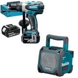 Makita DHP458RFJ + DMR202 - Masina de gaurit si insurubat cu percutie 91 Nm valiza speciala + Radio + Set 2 acumulatori si incarcator Li-Ion 18 V 3 Ah