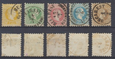 Posta austro-ungara in Principatele Unite 1867-1869 serie completa 5 timbre Franz Joseph cu stampile din Bucuresti foto