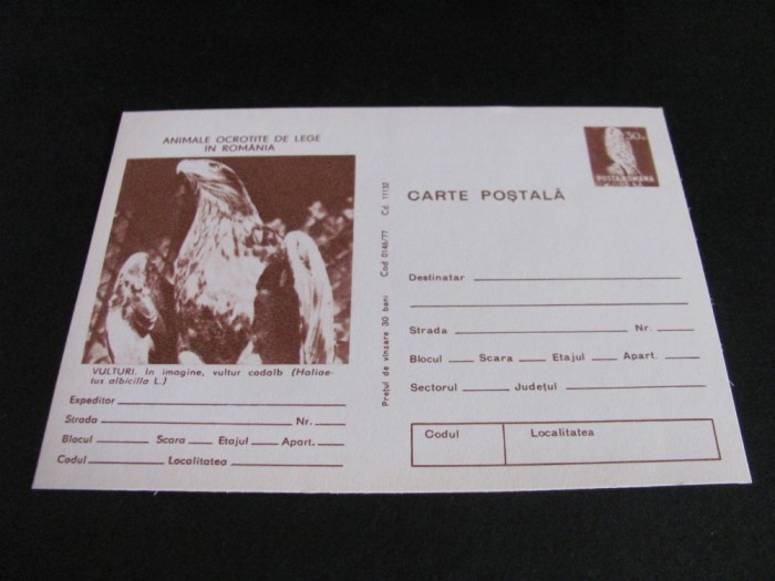 Vultur Codalb, Animale Ocrotite de Lege. Carte Poștală Filatelică Rom&acirc;nia Nefolosită .Colecție Epoca Ceaușescu 1980!