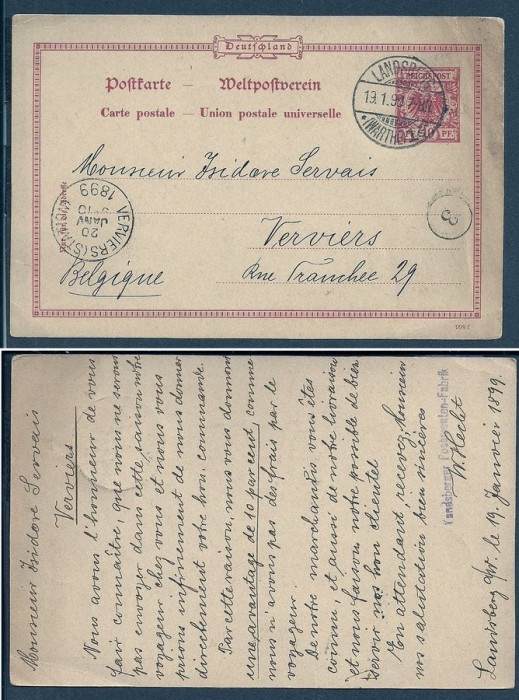 Germany 1899 Old postcard postal stationery Landsberg to Verviers Belgium D.347