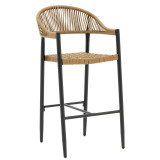 Scaun de bar Kerr plastic - rattan culoare lemn natural - picior aluminiu negru