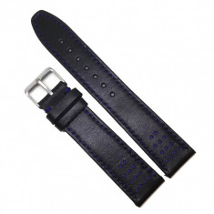 Curea de ceas din piele naturala - Neagra cu cusatura albastra - 18mm, 20mm - WZ3655