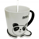 Cumpara ieftin Cana cu capac din ceramica si lingurita Pufo Lonely Panda pentru cafea sau ceai, 300 ml
