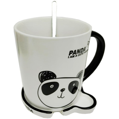 Cana cu capac din ceramica si lingurita Pufo Lonely Panda pentru cafea sau ceai, 300 ml foto