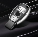Husa Cheie Auto pentru Mercedes Benz, cu insertii piele, 3 Butoane, Silicon, Silver