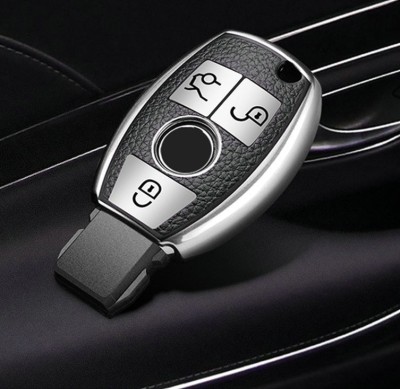 Husa Cheie Auto pentru Mercedes Benz, cu insertii piele, 3 Butoane, Silicon, Silver foto