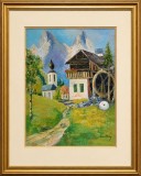 Cumpara ieftin Peisaj Casa cu flori si moara de apa, semnatura indescifrabila, 30x29 cm, ulei