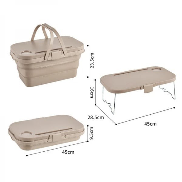 Set Lighean pliabil dreptunghiular, 2 in 1, masuta picnic, FOXMAG24, capacitate 8 L, dimensiuni 45 x 28.5 x 23.5/9.5 cm, bej