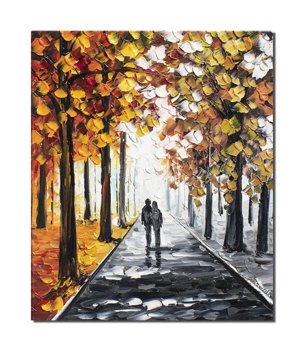 Tablou stilizat pictat manual, Impreuna pe aleea vietii, 60x50cm ulei pe panza, Superb