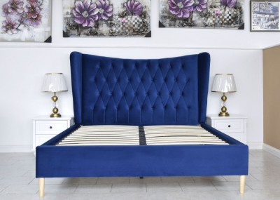 Pat Lora 160x200 cm Tapitat Catifea Albastru Somiera Inclusa (cod ML 2302-19) foto