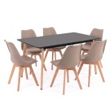 Set sufragerie Leziter Silla 150 6+1, masa 150cm negru MDF, scaune bej polipropilena, 150 kg