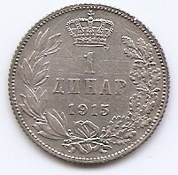 Serbia 1 Dinar 1915 - Petar I, Argint 5 g/835, 22,5 mm, Md5, KM-25.3 foto