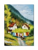 Cumpara ieftin Tablou pictat manual, Pe meleaguri mioritice, spalatoreasa, 70x50cm ulei pe panza, gata de agatat pe perete