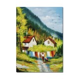 Tablou pictat manual, Pe meleaguri mioritice, spalatoreasa, 70x50cm ulei pe panza, gata de agatat pe perete