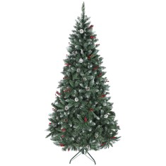 HOMCOM Brad de Crăciun &Icirc;nalt de 210 cm cu 928 de Ramuri, Brad Artificial de Interior cu Conuri și Boabe Roșii Decorative, Bază Metalică, Verde | Aosom