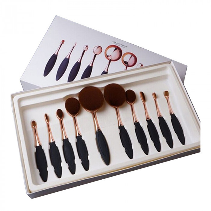Set pensule make-up, 22 cm, 9 bucati, maner metalic, tip perie