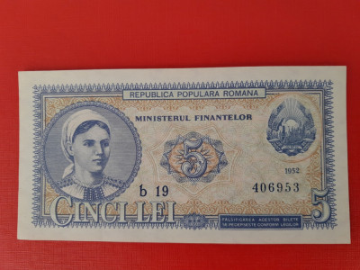 Bancnota 5 lei 1952 serie albastra - aUNC foto