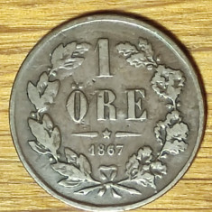 Suedia - moneda de colectie bronz rara - 1 ore 1867 - Carl XV - frumoasa !