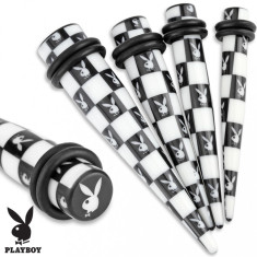 Taper pentru ureche din acrilic, model de tablă de șah &icirc;n alb și negru, Playboy - Lățime: 4 mm