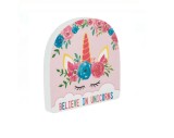 Decoratiune Camera Fete Unicorn Lemn Roz 14.5x1.8x15 cm - Placuta Decorativa Believe in Unicorns