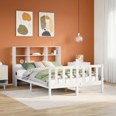 vidaXL Pat cu bibliotecă fără saltea, alb, 120x190 cm, lemn masiv pin 3321693 foto