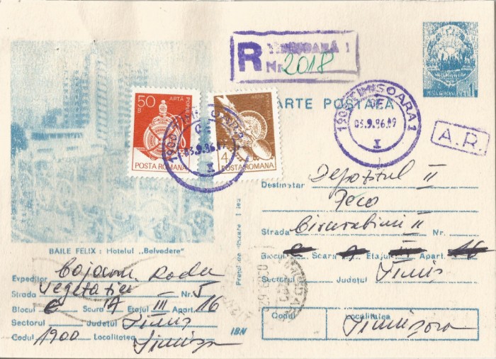 Romania, Baile Felix, Hotelul &quot;Belvedere&quot;, c.p.s. 3, circulata intern, 1986