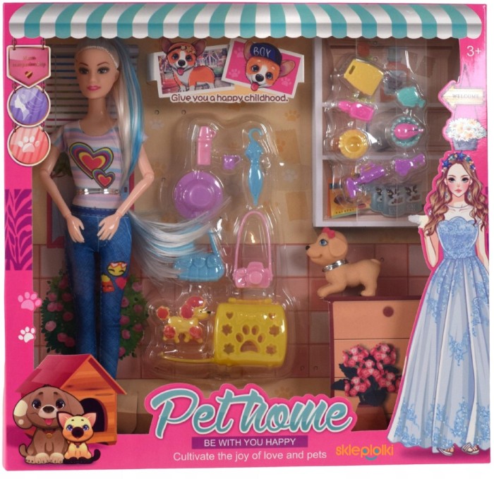 Păpușă cu doi c&acirc;ini și set de accesorii pentru &icirc;ngrijirea animalelor de companie 3+