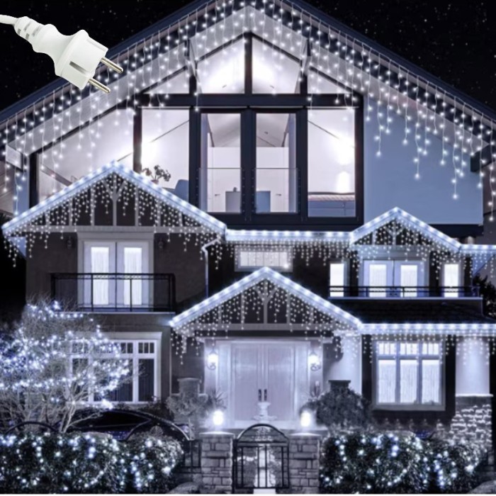 Instalatie LED Craciun 25m x 1m, Franjuri, 640 LED-uri Alb Rece, 8 Moduri, Alimentare 220V, Interconectabila , Ghirlanda Turturi Exterior Interior Fes