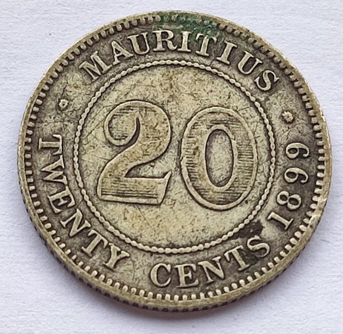 526. Moneda Mauritius 20 cents 1899 - varianta fara litera - Argint