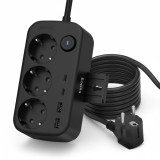 Cordon prelungitor Huslog, 3 prize, 4 porturi USB, suport telefon, cablu 1.4m, negru