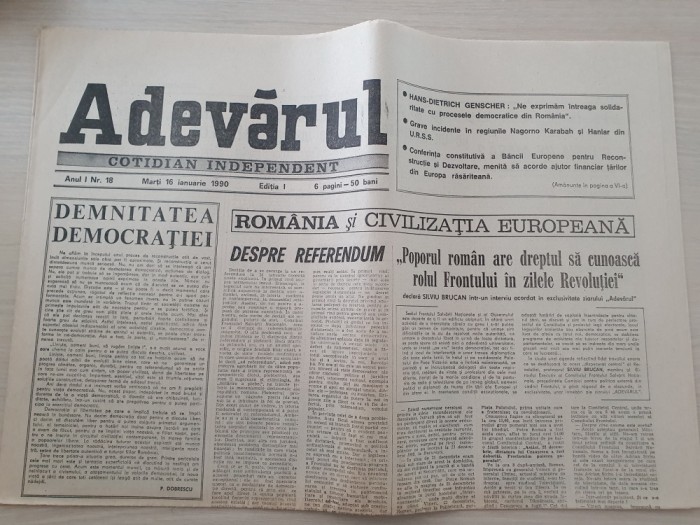 adevarul 16 ianuarie 1990-silviu brucan pt ziarul adevarul