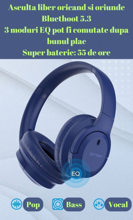 Casti audio over-ear Gorsun, autonomie 55 ore, wireless, bluethoot 5.3