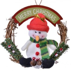 Decorațiune Suspendabilă Crăciun Lemn, Coronită Om de Zăpadă, 15 cm, Multicolor