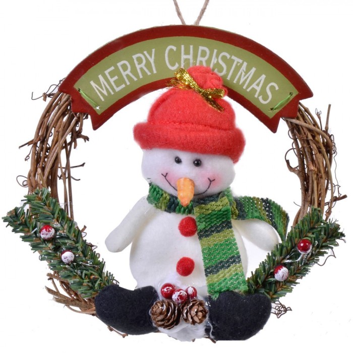 Decorațiune Suspendabilă Crăciun Lemn, Coronită Om de Zăpadă, 15 cm, Multicolor