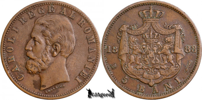 1883 B, 5 Bani - Carol I - Regatul Rom&acirc;niei | KM 19 - stare XF+