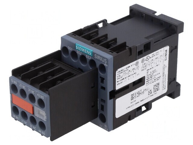 Contactor cu 3 poli și 5 contacte auxiliare: 3 NO și 2 NC