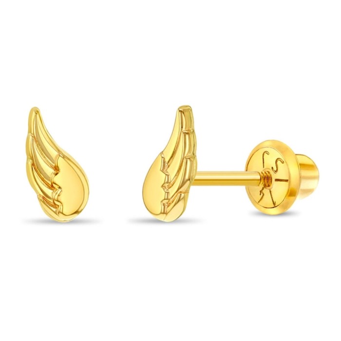 Cercei din Aur 14K pentru Copii &ndash; Aripi de Inger, inchidere cu Filet si Protectie