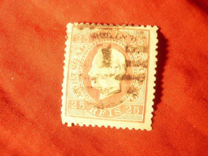 Timbru Portugalia 1870 Rege Luis I , 25r carmin , dantelat ,stampilat