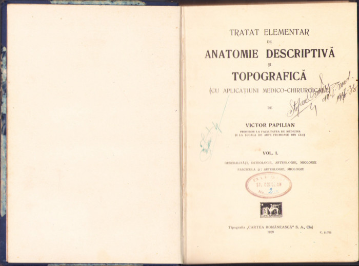 HST 361SP Papilian volumul I 1929 Tratat de anatomie Artrologie Miologie